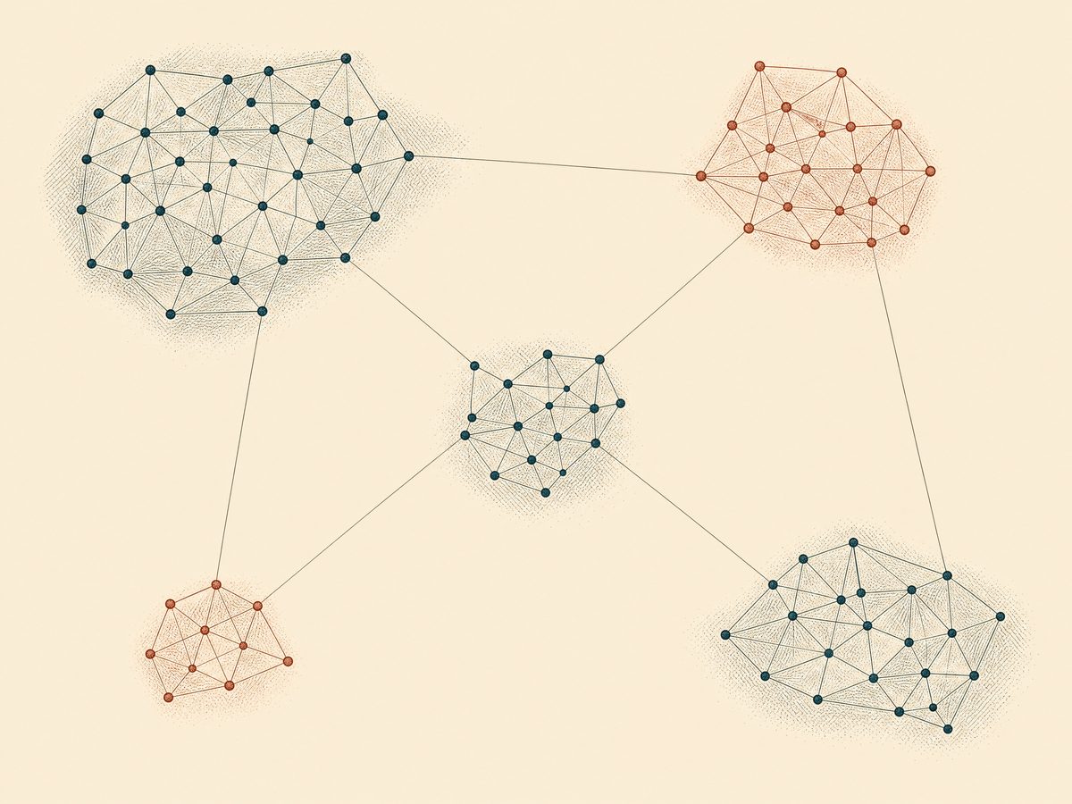 Five separate clusters of points, each a different density, joined by sparse edges