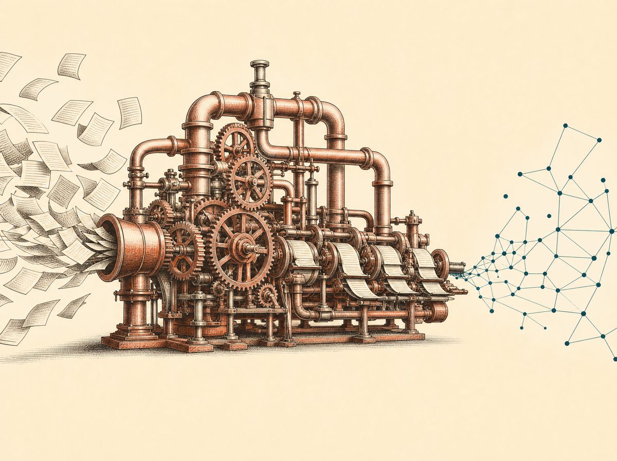 An engraved machine turning loose sheets of paper into an ordered constellation of connected points