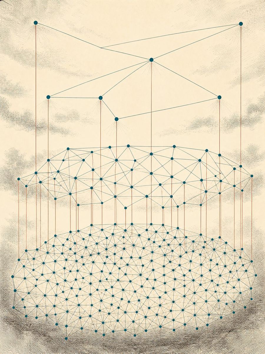 A three-layer graph: a sparse top layer with long edges over a dense bottom lattice, the way a hierarchical index is built